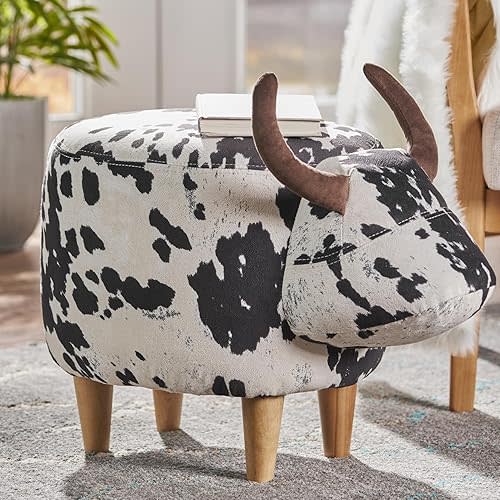 Merax Cow Animal Shape Kids Ottoman, Cute Wood Foot Stool Shoes Changing Seat with Cushioned for Adult Living Room, Bedroom, Nursery Gameroom, Playroom, Porch Furniture, Black