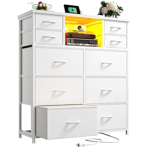 White Dresser for Bedroom with 10 Drawers Featuring LED Light and Power Outlet, Fabric Dressers & Chest of Drawers with Open Shelves for Hallway, Living Room, Steel Frame,Wood Top