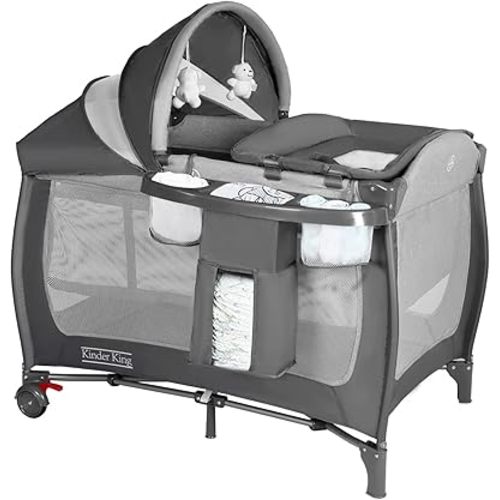 Kinder King 4 in 1 Portable Pack n Play, Baby Nursery Center Playard w/Bassinet, Large Playpen for Infant and Toddler, Newborn Changing Table, Adjustable Canopy, Storage Basket, Travel Bag, Grey