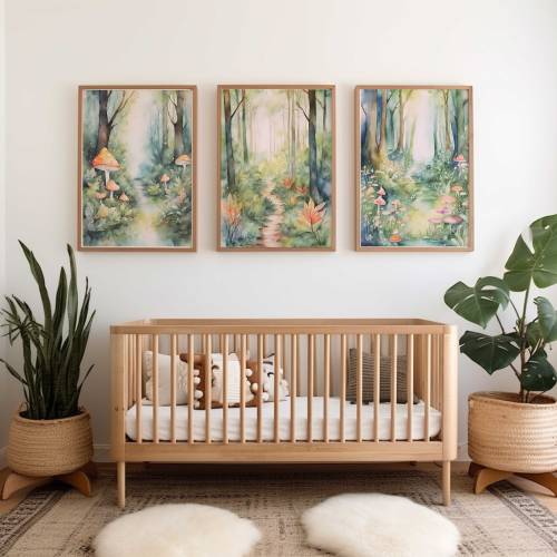 Enchanted forest nursery decor | Enchanted Forest nursery wall art prints | Set of 3 watercolor nursery prints | Mushroom Nursery Prints
