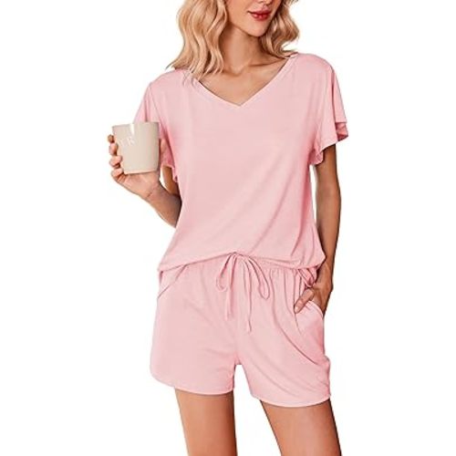 Ekouaer Women's Pajamas Set Ruffle Sleeves Sleepwear V Neck Comfy 2 Piece Pjs Loungewear Set with Pockets S-XXL