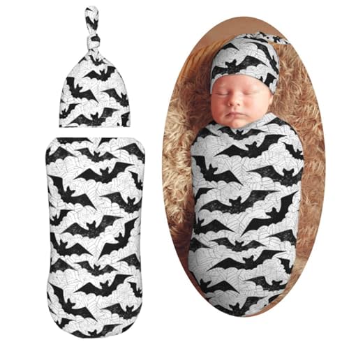 Muishi Black Bat Newborn Swaddle Blankets Hat Sets Soft Baby Receiving Blanket Swaddle Sack for Baby Shower Infant Boy Girl Gift