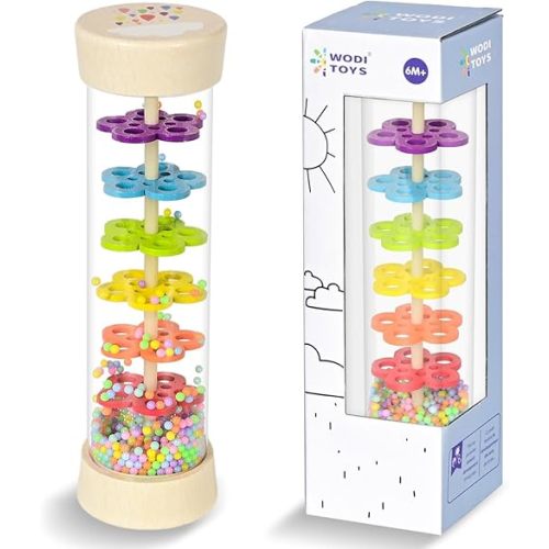 Rain Stick, 7.7” Wooden Rainmaker Montessori Toys for Baby 6-12 Months, Baby Rattle Sensory Development Toys, Infant Musical Toys for Newborn Boys Girls 1 Year Old Toddlers