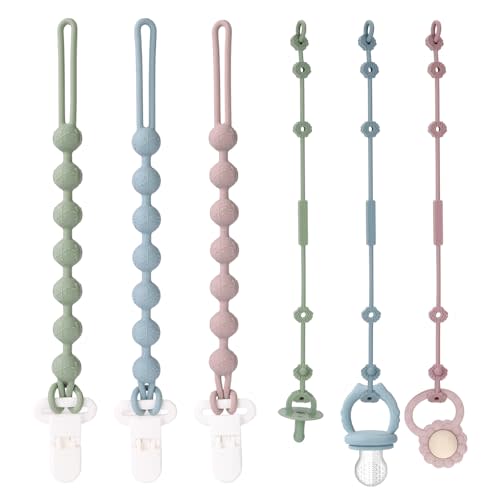 Socub 3 Pack Silicone Pacifier Clips & 3 Pack Silicone Toy Safety Straps Combo, Baby Pacifier Holder with One-Piece Design for Baby Boys and Girls, Soft Flexible Adjustable Toy Strap for Baby
