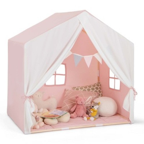 Costway Kid's Play Tent Toddler Playhouse Castle Solid Wood Frame with Washable Mat Orange/Pink, Color: Pink
