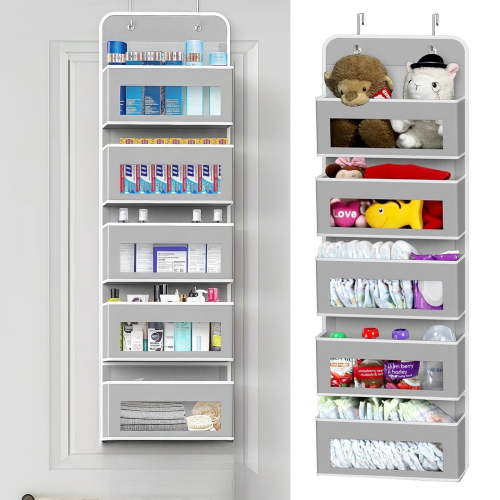 Kisportee Over the Door Pocket Organizer, 5 Pockets Fabric Hanging Closet, Clear Window Storage Bag for Pantry Baby Nursery Bathroom Bathroom Closet Dorm, Gray