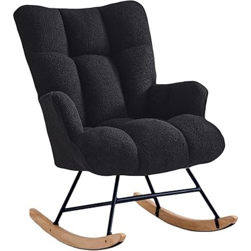 Rocking Chair Nursery Teddy Upholstered Glider Rocker Rocking Accent Chair Padded Seat with High Backrest Armchair Comfy Side Chair for Living Room Bedroom Offices (Black Teddy)