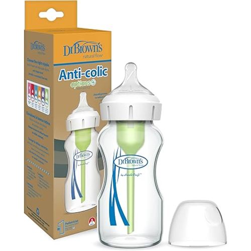 Dr. Brown's Natural Flow Anti-Colic Options+ Wide-Neck Glass Baby Bottle 9 oz/270 mL,with Level 1 Slow Flow Nipple,1 Pack,0m+