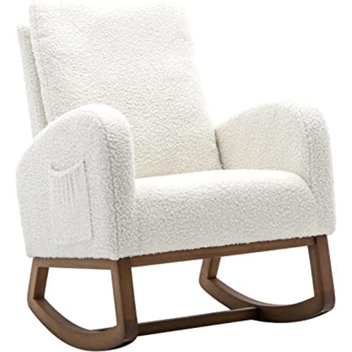 Dolonm Rocking Chair Mid-Century Modern Nursery Rocking Armchair Upholstered Tall Back Accent Glider Rocker for Living Room (White)