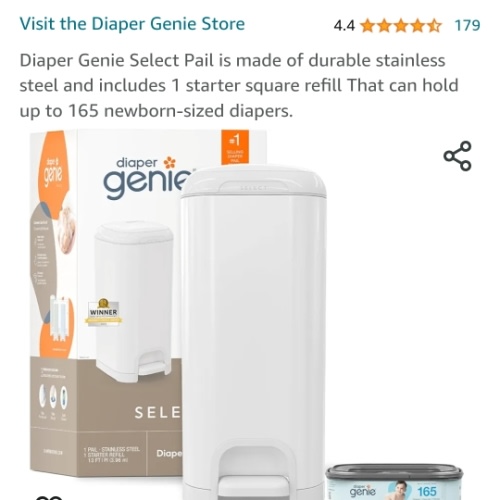 Diaper Genie Select Pail is made of durable stainless steel and includes 1 starter square refill That can hold up to 165 newborn-sized diapers.