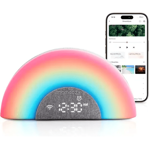 Momcozy DreamSync™ Baby Sound Machine, Night Light, APP Control Baby Sleep Trainer, Routine Builder, White Noise Machine with 34 Soothing Sounds, Wake Up Light Sunrise Alarm Clock, Wireless Speaker