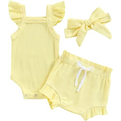 Newborn Baby Girl Summer Outfits Ribbed Sleeveless Romper Bodysuit Top and Ruffle Shorts Headband Clothes Sets