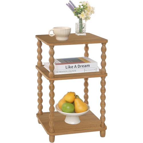 End Table, Small Side Table with 3 Tier Open Shelf, Modern NightStand Accent Table for Small Spaces, Living Room and Office (Caramel Tan)