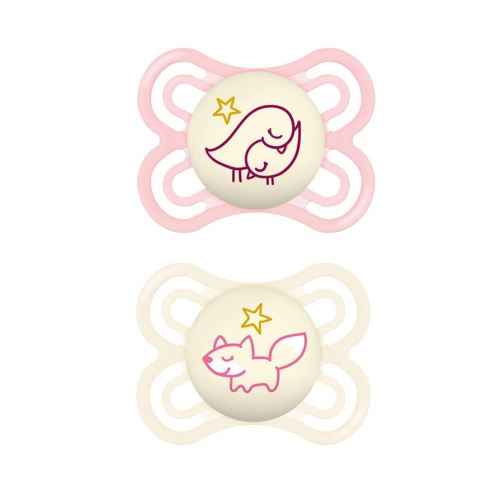 MAM Perfect Night Baby Pacifier, Patented Nipple, Glows in The Dark, 2 Pack, 0-6 Months, Girl, Designs May Vary