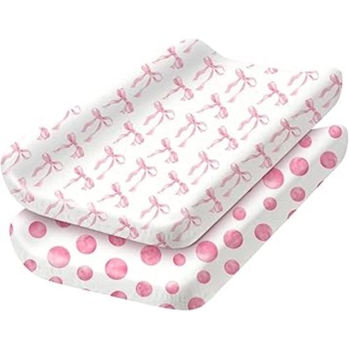 2 Pack Baby Changing Pad Covers, Changing Table Cover for Girls, Pink Bow Changing Pad Covers 32'' x 16'' Safe Snug Fitted Diaper Table Sheet Fits Standard Changing Tables and Dressers(Bassinet)