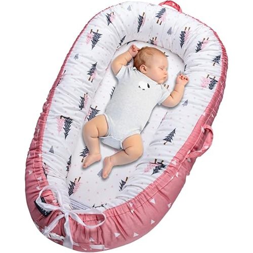 Baby Lounger, Infant Lounger for Newborn 0-24 Months, Breathable and Soft 100% Cotton Baby Nest Cover, Babies Essentials Gifts, Portable Co-Sleeping Baby Bed for Home and Travel