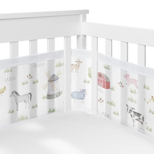 Sweet Jojo Designs + BreathableBaby Farm Animals Boy Girl Breathable Mesh Crib Liner Baby Infant Gender Neutral Watercolor Farmhouse Barn Horse Cow Sheep Chickens Nature Trees Gray Green