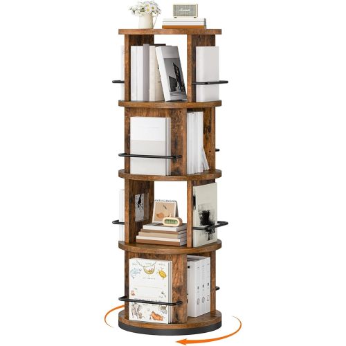 HOOBRO Rotating Bookshelf, 360° Spinning Bookshelf for Small Spaces, 4-Tier Floor Standing Bookcase Storage Rack, Wooden Corner Bookcase for Living Room, Study, Office, Rustic Brown and Black FG54SJ01