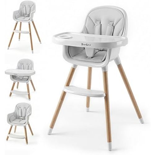 Baby High Chair, Wooden Highchair with Removable Tray, Adjustable Legs, Cushion, 5-Point Harness and Footrest for Infants, Baby, Toddlers, Gray