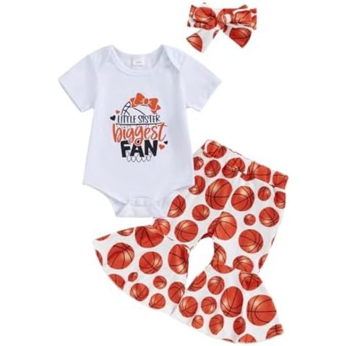 Newborn Baby Girl Basketball Clothes Little Sister Biggest Fan Short Sleevee Romper Flared Pant Cute Summer Clothes
