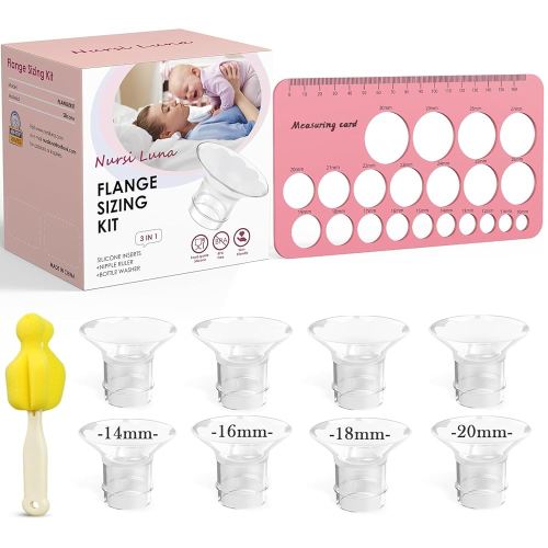 Flange Sizing Kit 3 in 1 with 8PCS Flange Inserts 14/16/18/20mm, Silicone Breast Pump Flanges Insert Kit for 24mm Electric Breast Pump, Pumping Breastfeeding Essentials Kit for New Mom