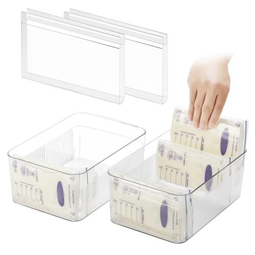 Breastmilk Storage Container with 4 Freezer Flattener Kit to Flatten Standing Breast Milk Bags in Organizer Bins Save Refrigerator Space |Wide Version