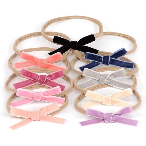 Velvet Ribbon Bow Nylon Headband Handmade Mini Hair Band for Infants Pack of 9pcs