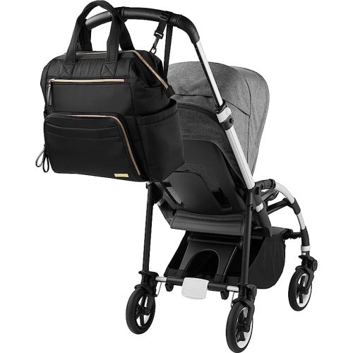 Skip Hop Diaper Bag Backpack: Mainframe Large Capacity Wide Open Structure with Changing Pad & Stroller Attachement, Black with Gold Trim