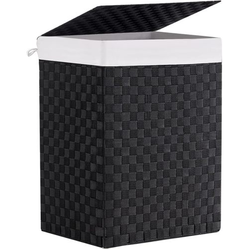 Foldable Laundry Hamper Basket with Lid by Fiona's magic, Handwoven 96L Large Clothes Hamper with Removable Liner Bags, Collapsible Tall Hamper for Bedroom, Bathroom and Dorm Organizer, Black
