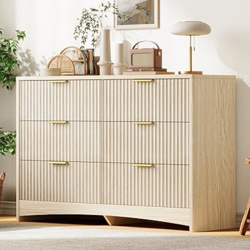 Amada Modern 6 Drawer Dresser, Fluted Wood Chest of Drawers with Rounded Corners, Pre-Installed Drawer Slides, Dresser TV Stand and Storage Organizer for Bedroom, Hallway, Natural Oak