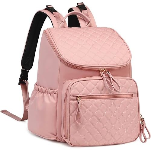Large Capacity Diaper Bag with Stroller Buckle, Water-Resistant Travel Backpack with Insulated Pockets (Nylon, Pink)
