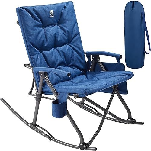 EVER ADVANCED Oversized Folding Rocking Camping Chair, Padded Portable Rocker Chair for Patio, Lawn and Outdoors, Heavy Duty Hard Armchair for Adults Supports 400lbs, Blue