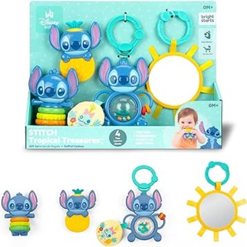 Bright Starts Disney Baby Stitch Tropical Treasures Gift Set with 4 Stitch Inspired Toys Including Baby-Safe Mirror and Teether, Newborns & Up