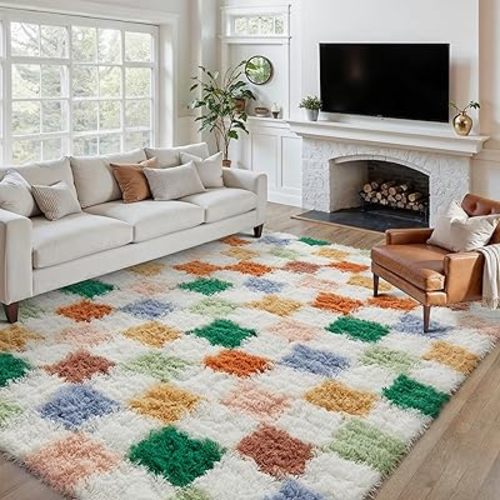 Checkered Rug 5x8 for Living Room, Modern Neutral Shag Rug Super Soft Washable Indoor Fuzzy Carpet Non-Slip Fluffy Rugs for Bedroom Home Aesthetic Decor