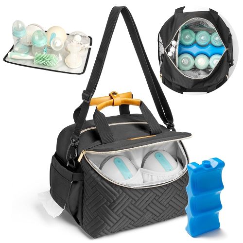 Wearable Breast Pump Bag with Cooler Portable Breast Pumping Travel Bags for Work Mom Breastmilk Cooler Carrying Case for 6 Bottles with Adjustable Shoulder Strap Dividers Changing Mat