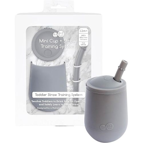 ezpz Mini Cup + Straw Training System - 9 Months+ (Gray) - 100% Silicone Training Cup for Infants + Toddlers - Designed by a Pediatric Feeding Specialist