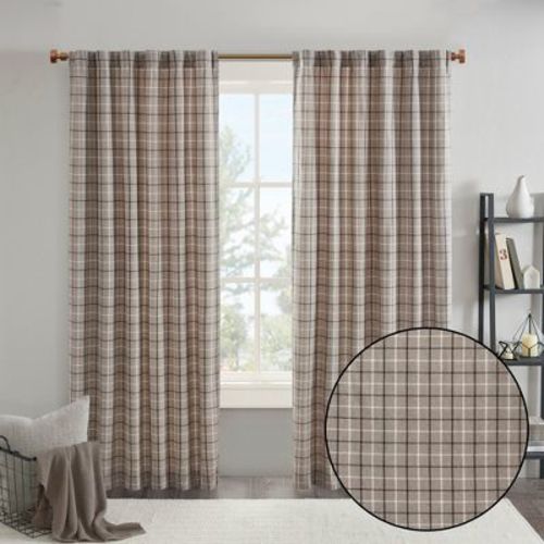 Fleece Lining Plaid Weave Window Curtain Panel, Faux Leather Textured Light Filtering Curtain for All Seasons, Brown, 50x95"