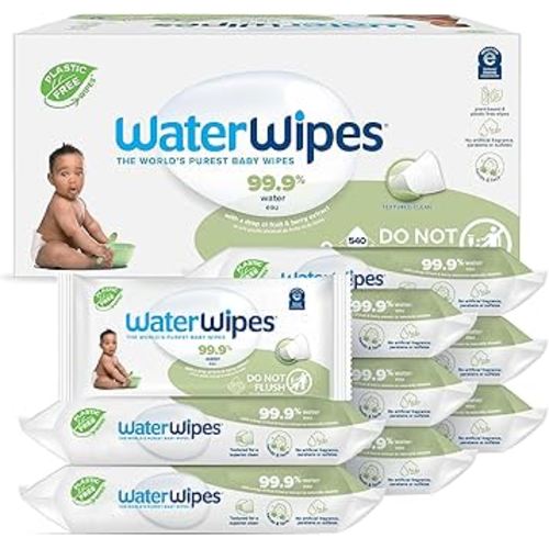 WaterWipes Plastic-Free Textured Clean, Toddler & Baby Wipes, 99.9% Water Based Wipes, Unscented & Hypoallergenic for Sensitive Skin, 540 Count (9 packs), Packaging May Vary