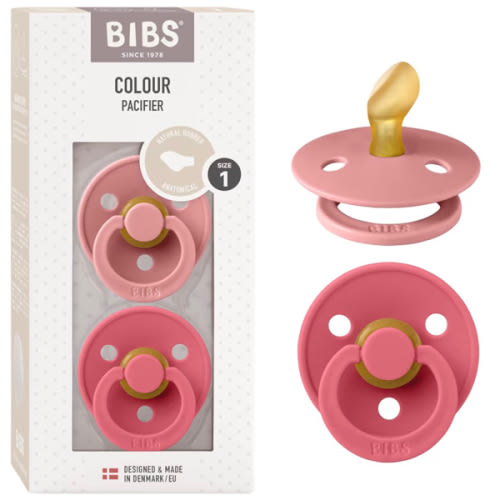 BIBS Pacifiers 0-6 Months | Colour Collection 2-Pack | BPA-Free Anatomical Natural Rubber Nipple | Made in Denmark | Dusty Pink/Coral Color Pacifier