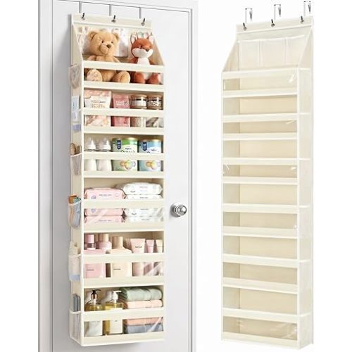 Yecaye 7 Tier Over the Door Organizer, Large Capacity Door Organizer Hanging with Clear PVC Windows, Behind the Door Storage for Bedroom Nursery Closet Laundry Pantry Bathroom, Cream White