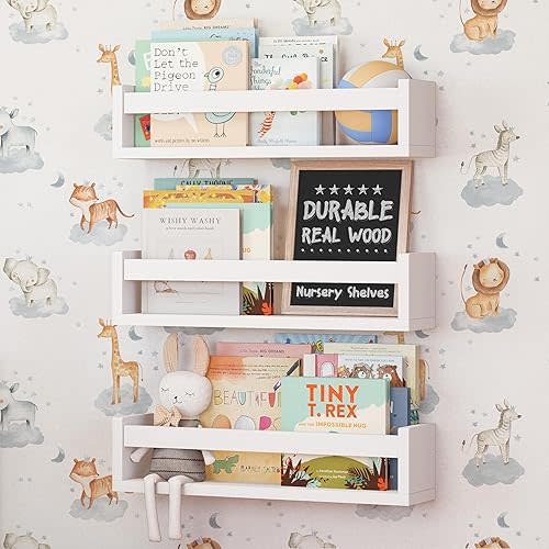NATURE SUPPLIES Set of 3 White Nursery Room Shelves, Solid Wood Ideal for Books, Toys, Decor, Wall Bookshelf for Kids Bedroom, Kids Bookshelf, Nursery Book Shelves, Floating Bookshelf Whitewashed Grey