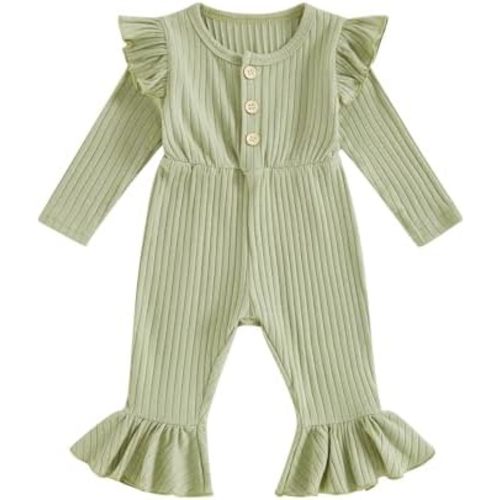 Toddler Girl Ribbed Flare Jumpsuit Fall Outfits Knit Clothes One Piece Rompers Button Fly Long Sleeve Playsuit