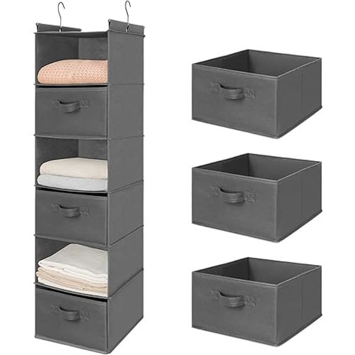 MAX Houser 6 Tier Shelf Hanging Closet Organizer, Closet Hanging Shelf with 2 Sturdy Hooks for Storage, Foldable (Grey-D3)