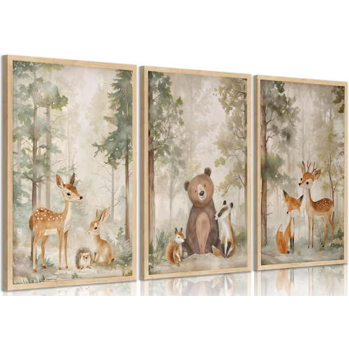 3Pcs Woodland Animal Nursery Canvas wall art Wild Animals Forest Paintings Pictures Wall Decor Fox Bear Deer Watercolor Poster Printing Artwork for Boys Room Girls Room Home Decoration Unframed