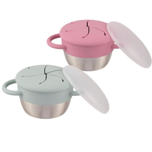 Elk and Friends Stainless Steel Snack Cups – Pack of 2 | Removable Silicone Food Catcher and Travel Lid | Spill-Proof Snack Containers for Baby, Toddler, Kids | Dishwasher Safe, Food Grade Silicone