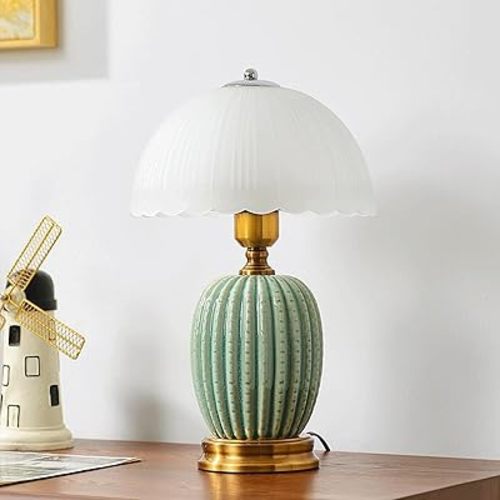 Large Table Light 3 Color Adjustable Ceramic Lamp Vintage Nightstand Lamps Dimmable Bedside Table Lamps for Living Room Bedroom Home Office (Green)