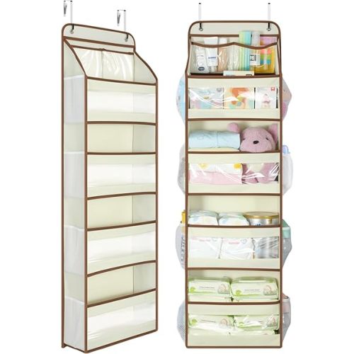 Yecaye 5 Tier 1Pc Over the Door Organizer, Swing-proof Door Organizer Hanging with Clear PVC Windows, Behind the Door Storage for Bedroom Nursery Closet Laundry Pantry Bathroom, Beige