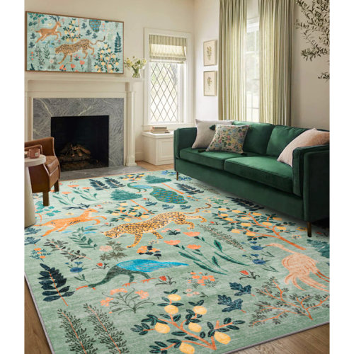 Boho Floral and Animal Print Machine Washable Area Rug