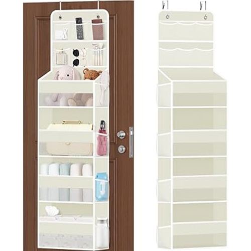 SpaceHacks 6-Tier Over The Door Organizer with Mesh Pockets, Baby Nursery Storage for Closet, Bathroom and Bedroom, Adjustable Hanging Closet Organizer for Cosmetics, Books and Essentials（Beige）
