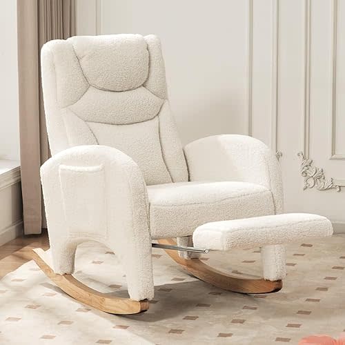 FOXHUNTER Rocking Chair Nursery, Modern Glider Chair with Adjustable Footrest and Solid Wood Legs, High Backrest Nursery Chair with Side Pocket, Rocker Armchair for Living Room Bedroom, Teddy Ivory